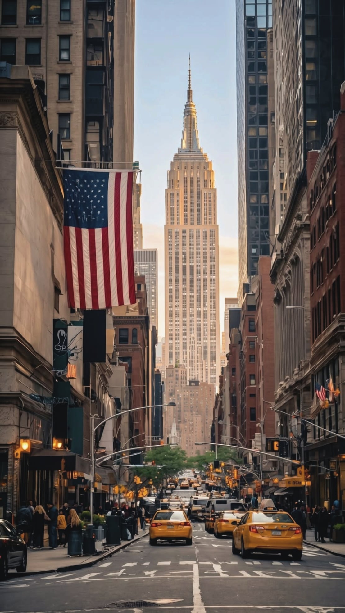 The Empire State Building at the end of a Manhattan street, yellow taxis below